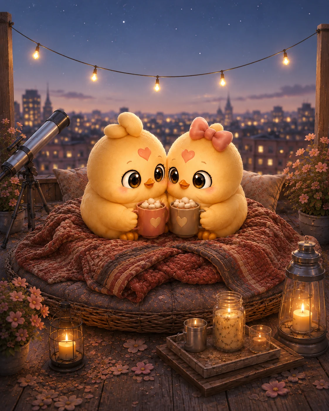 Two Peeps with mugs on a candlelit terrace, beneath string lights and the evening sky