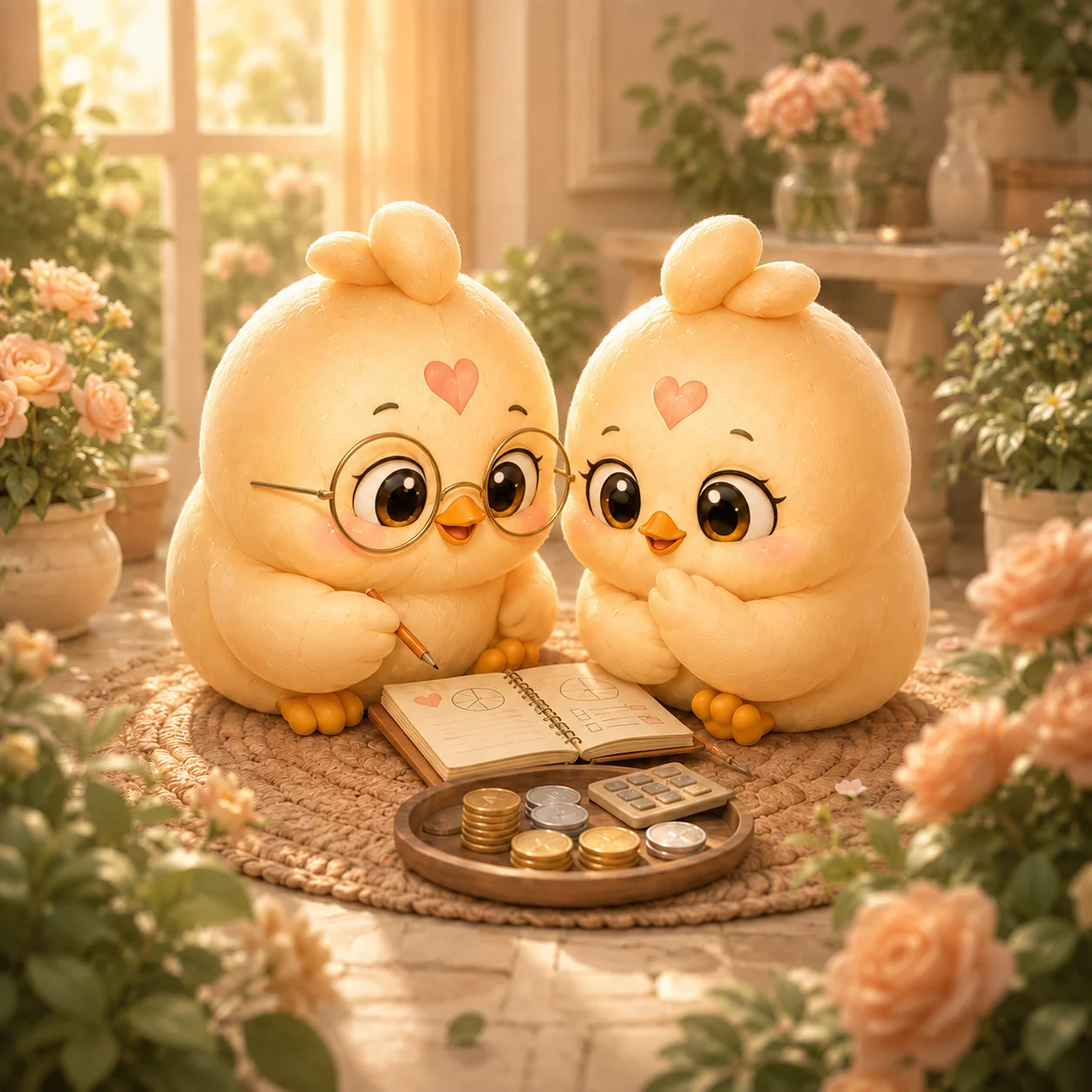 Two Peeps with a notebook and coins in a sunlit garden room