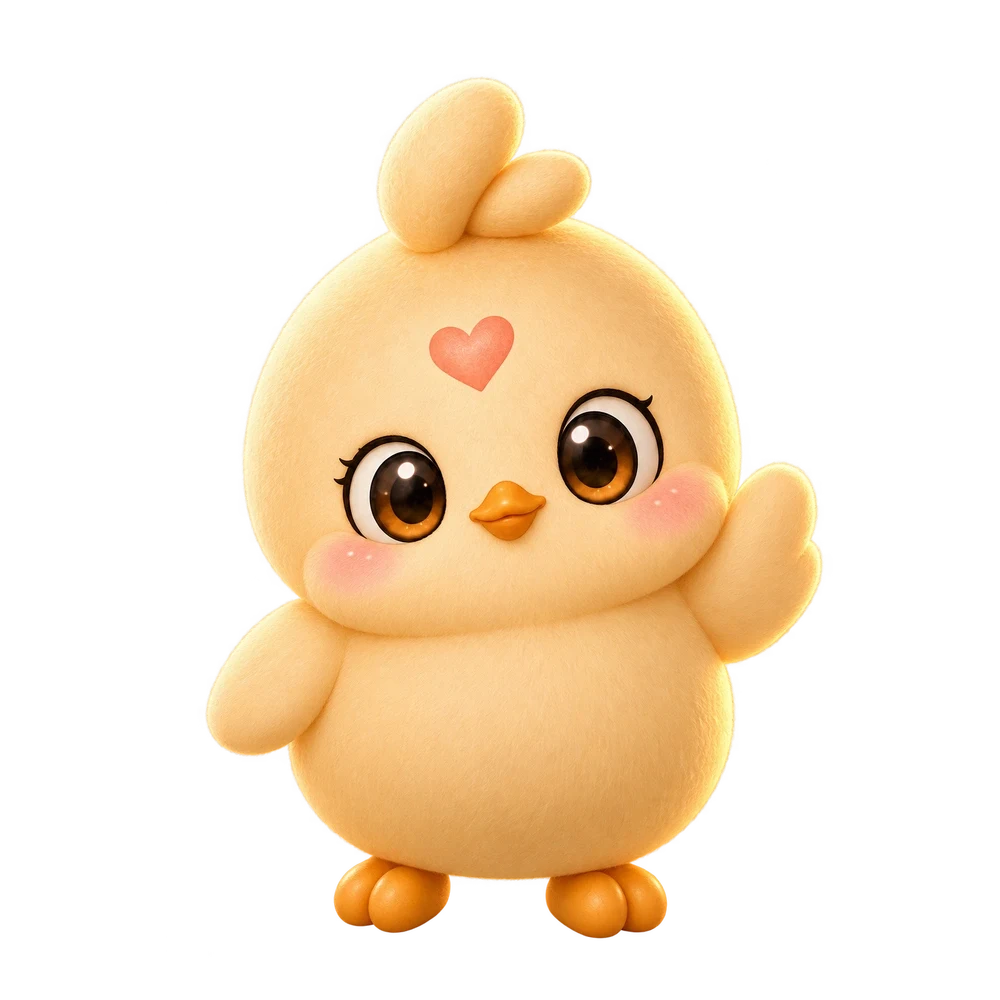 Peep, a soft golden chick with a coral heart and one wing raised