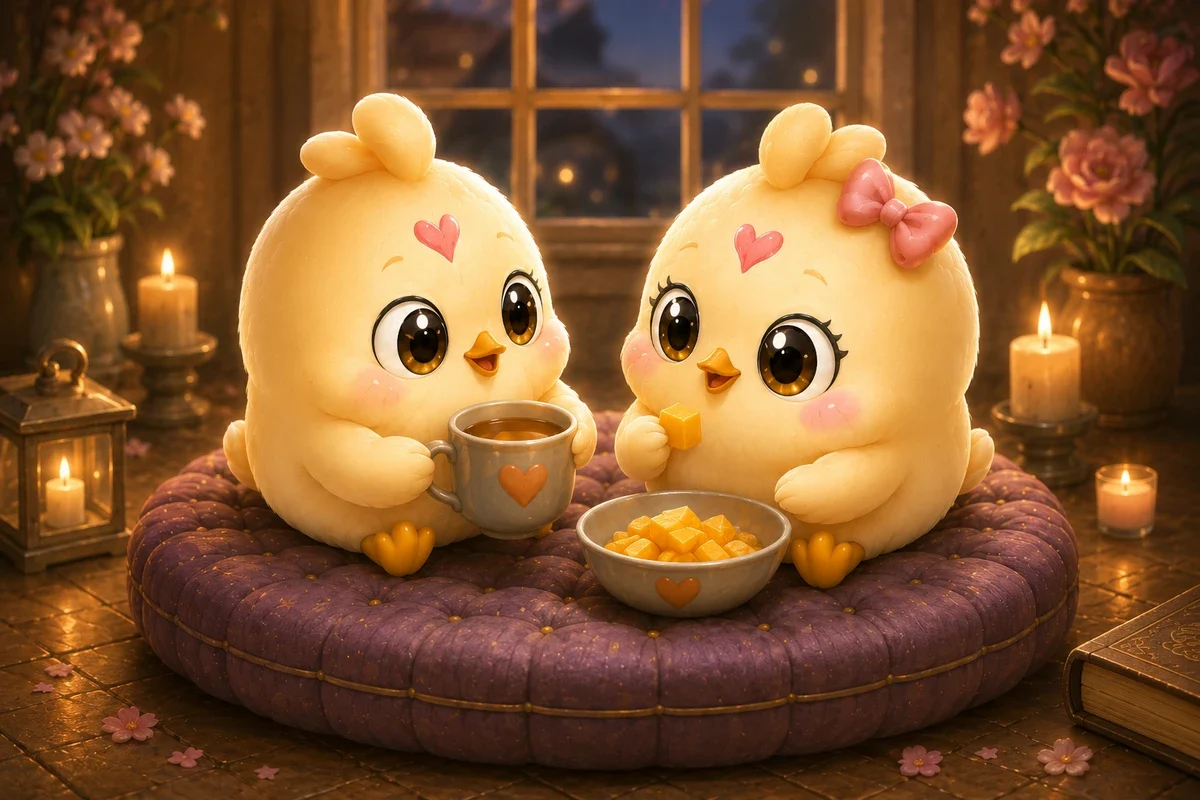 Two Peeps sharing a cozy evening and a warm drink