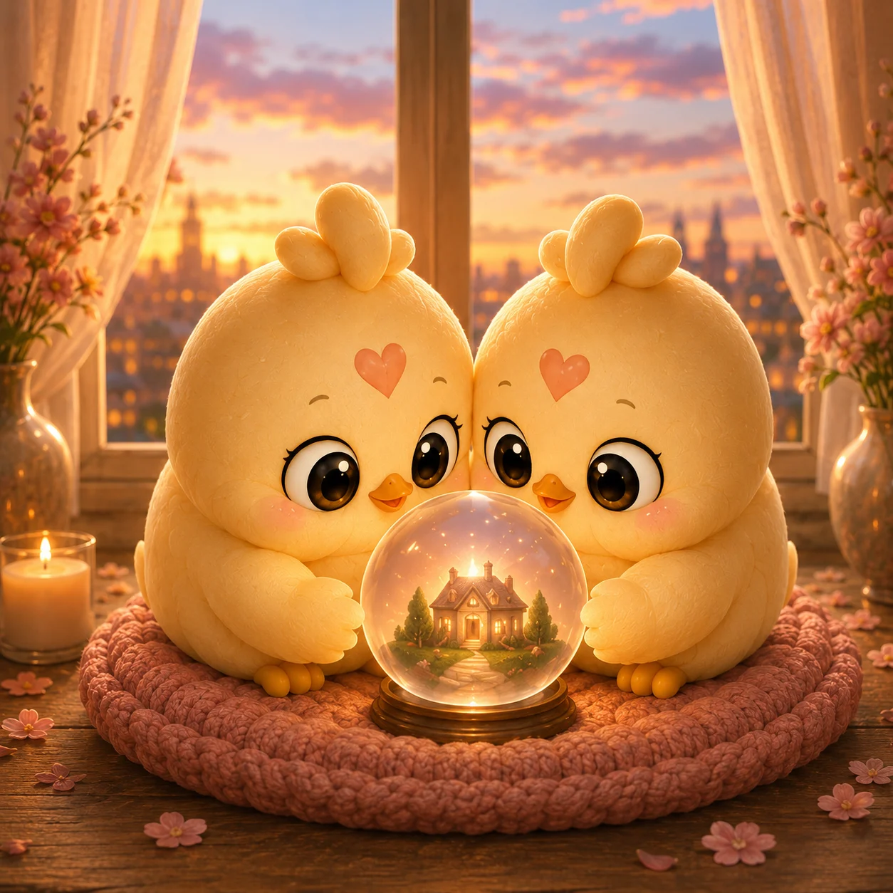 Two Peeps with a glowing globe containing a little home, beside a sunset window
