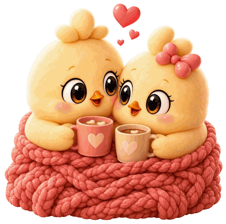 Two Peeps sharing warm drinks, nestled together in a coral knitted blanket