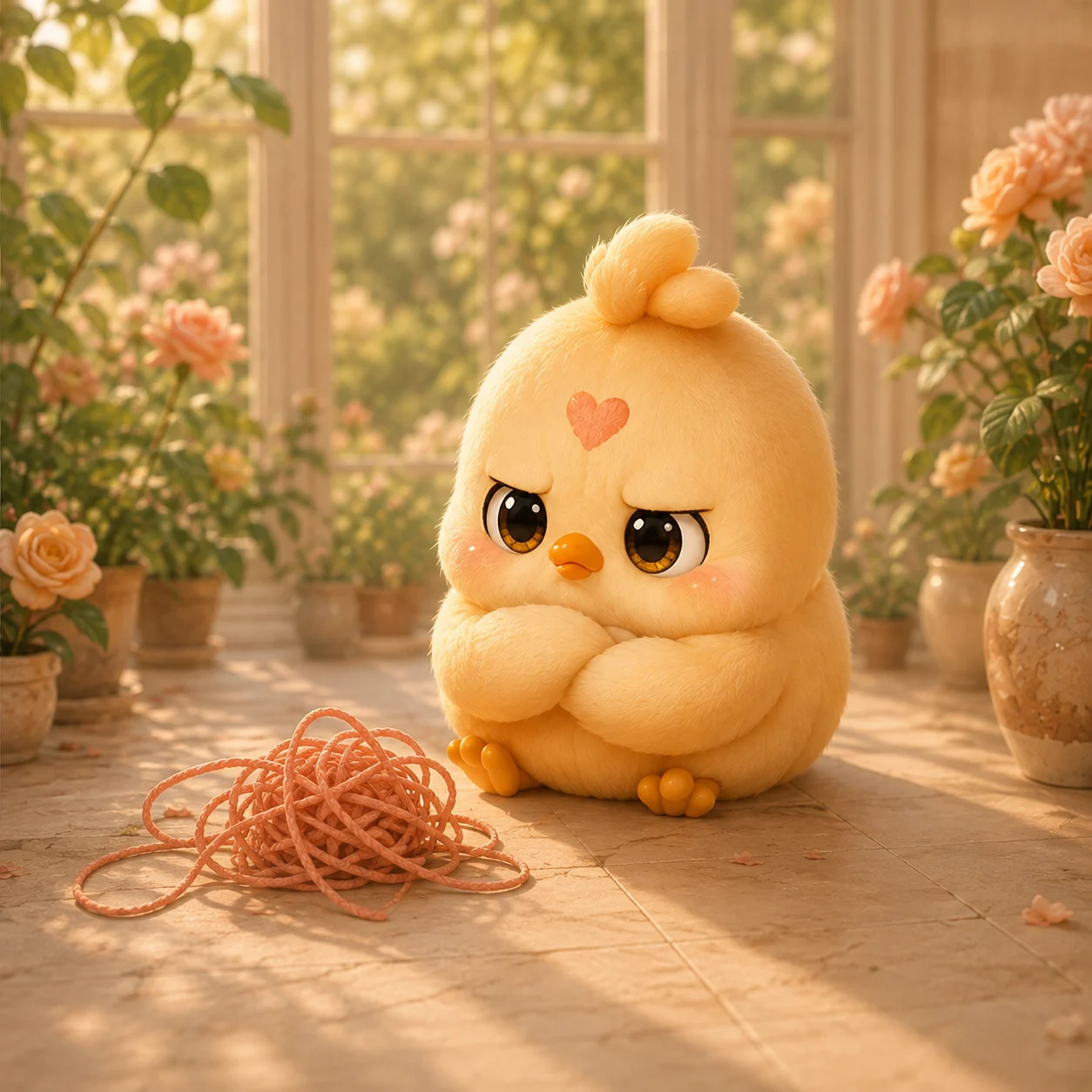 One thoughtful Peep beside a tangled coral cord in a warm garden room